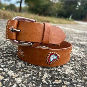 Brown Leather Belt with Embroidered Accents